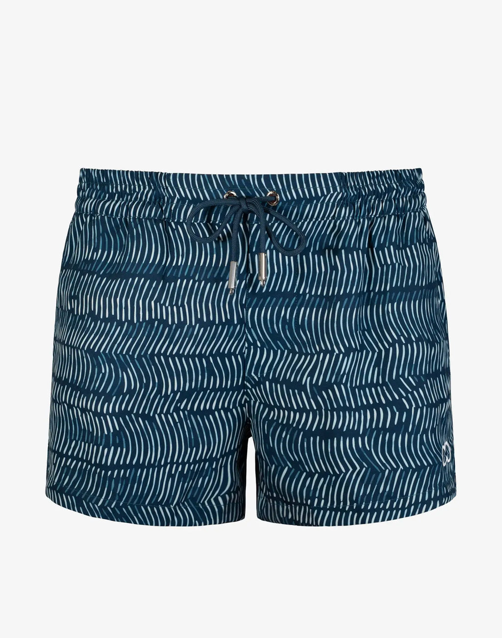 Dark blue 2EROS Bronte print swim shorts with white wavy line pattern and silver drawstring ties in Naiad Navy