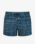 Dark blue 2EROS Bronte print swim shorts with white wavy line pattern and silver drawstring ties in Naiad Navy