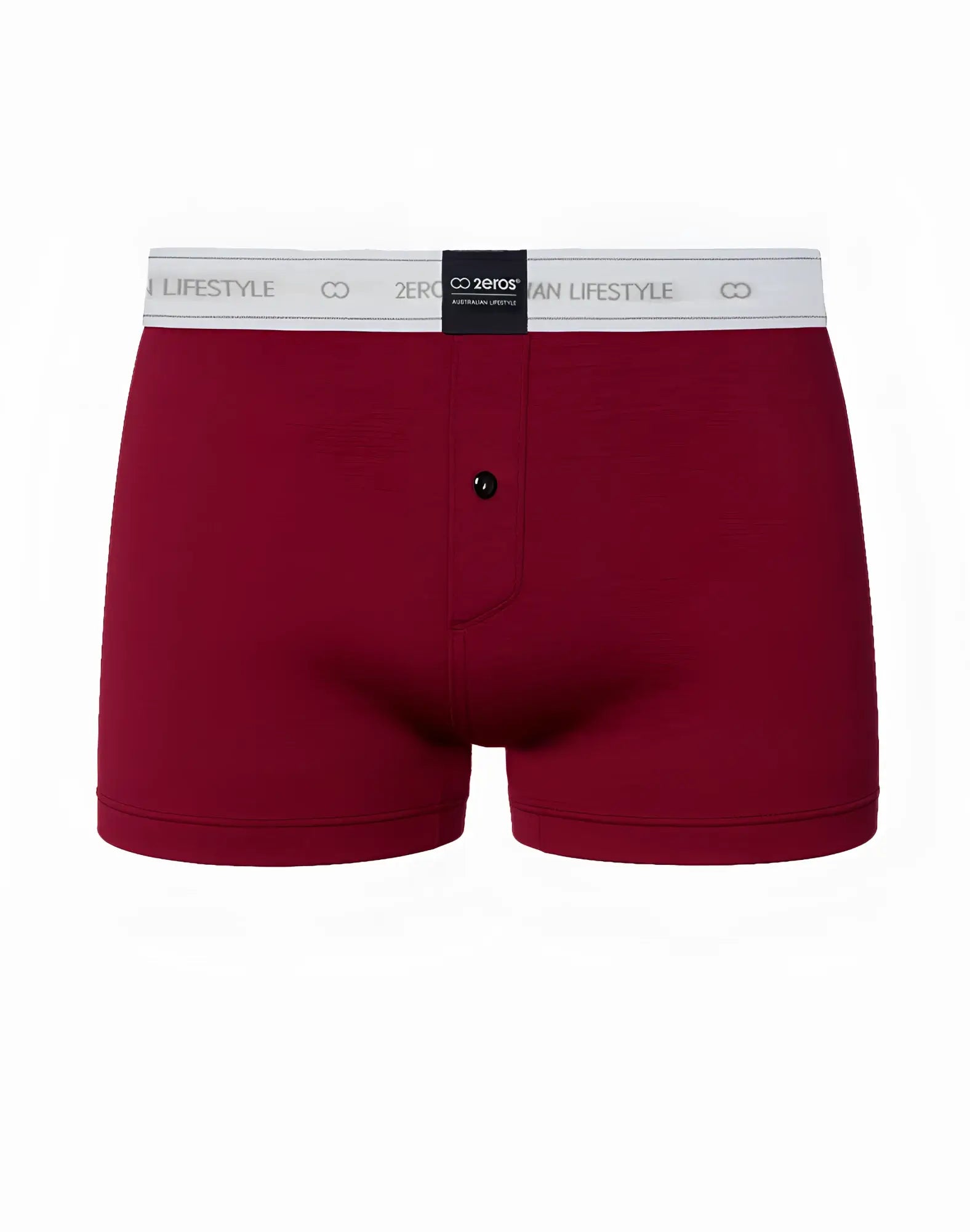 Maroon cotton 2EROS BX20 core boxer shorts with white elastic lifestyle and zero co2 aerosol branded waistband