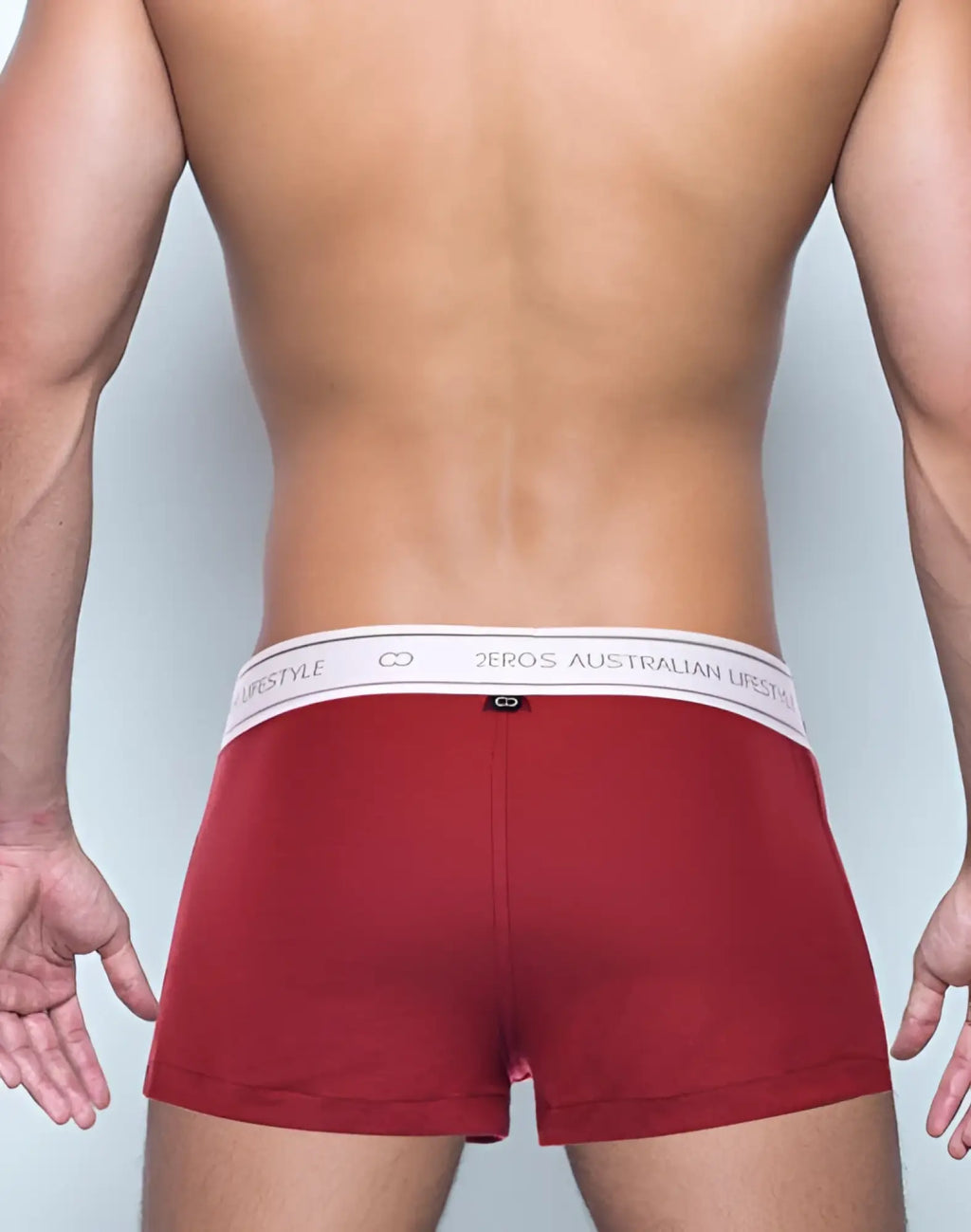 Red 2eros bx20 core boxer shorts in cabernet with white elastic waistband featuring brand name and logo