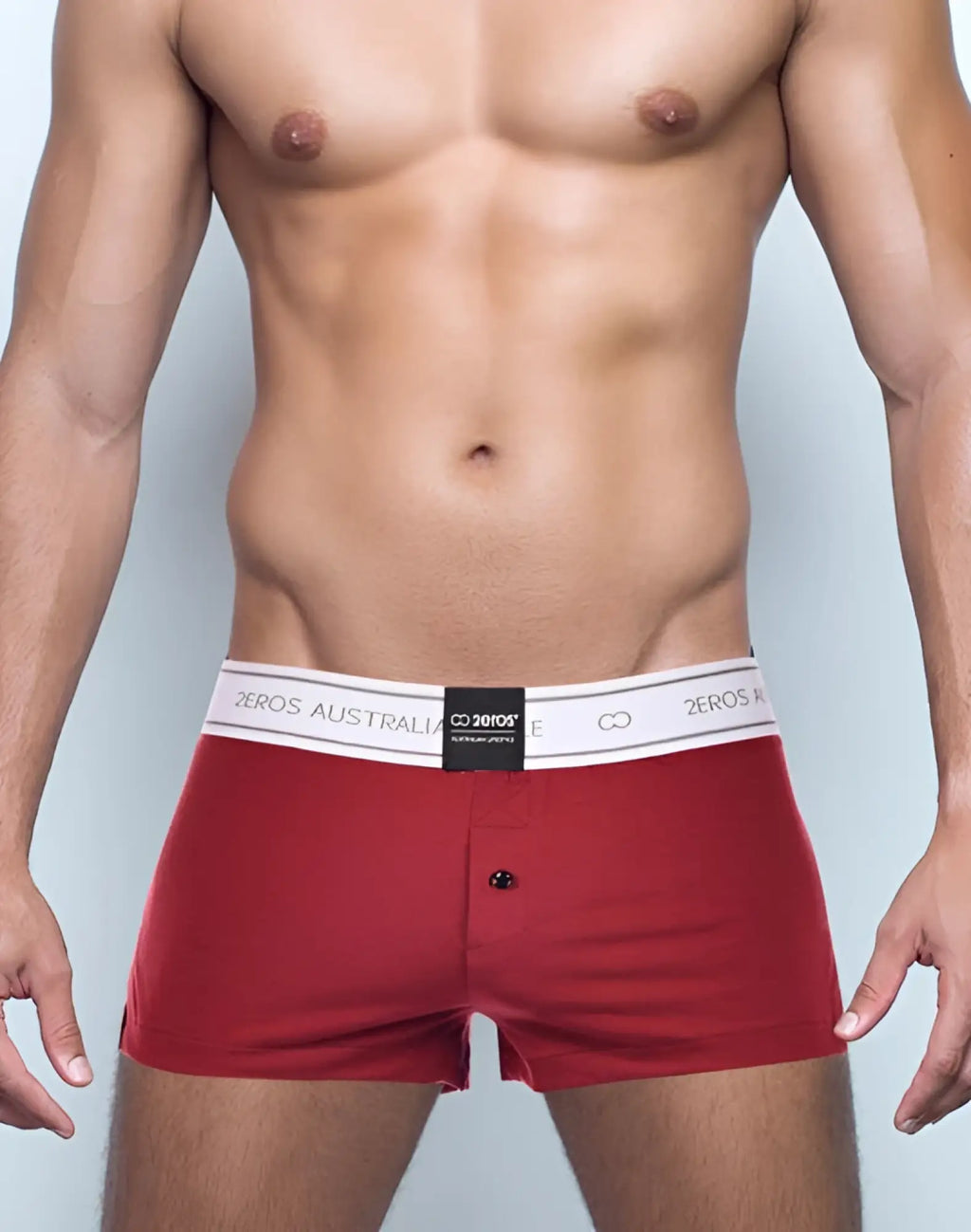 Red mens boxer briefs with white elastic waistband featuring 2eros australia branding in cabernet color
