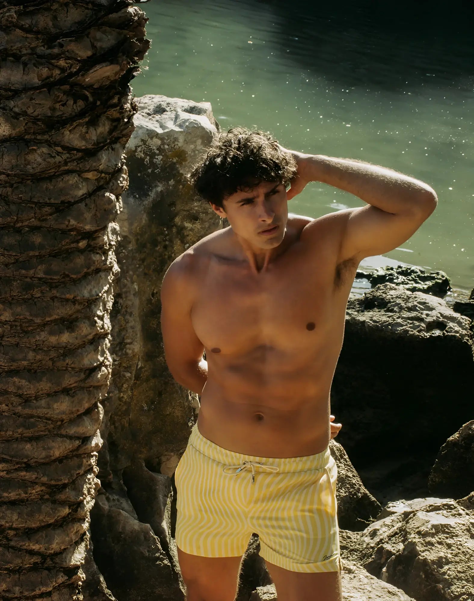 Yellow and white striped 2EROS Byron shorts swim trunks made for beachwear in dolce yellow color