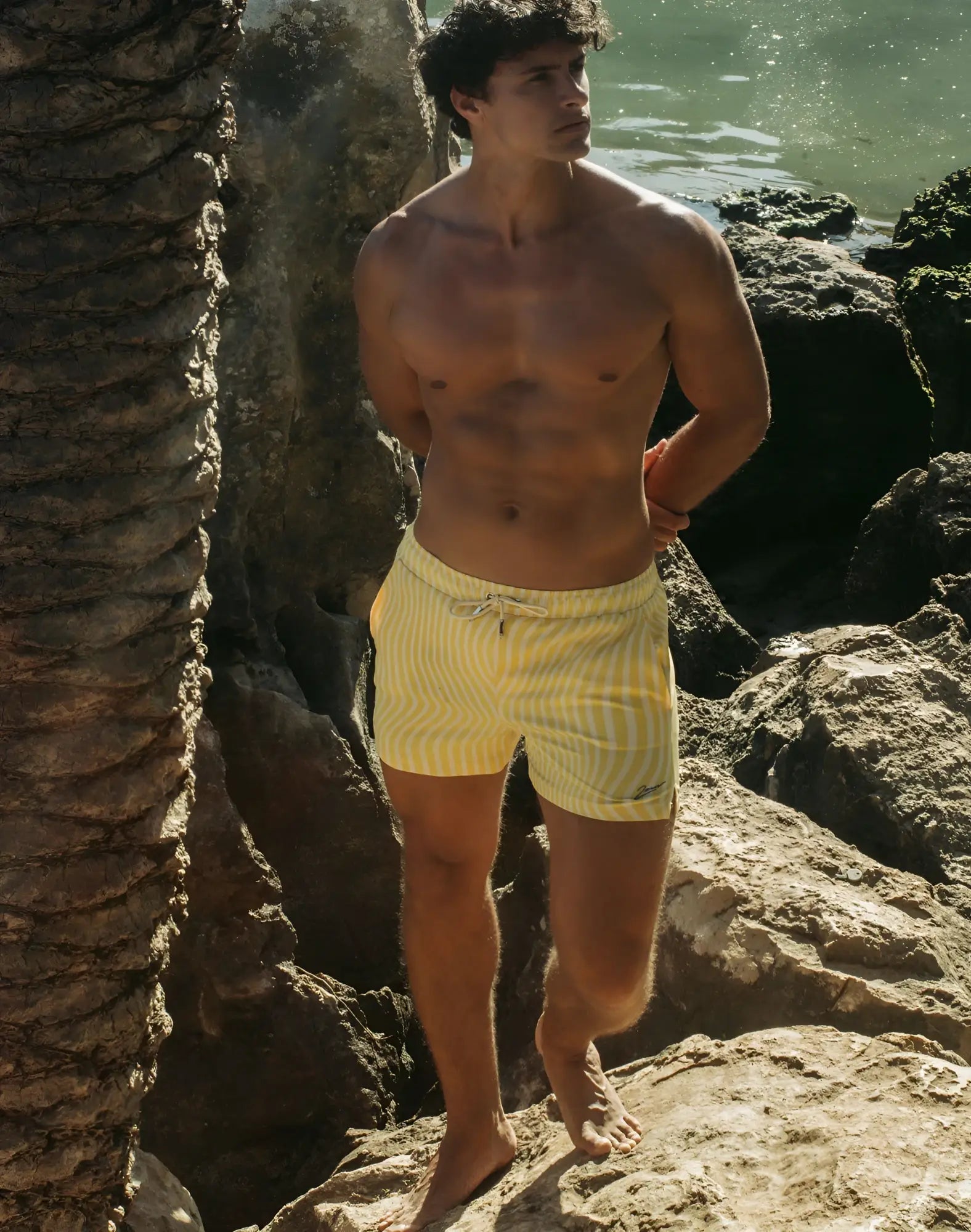 Yellow and white striped 2EROS Byron shorts swim trunks with drawstring waistband for casual beachwear