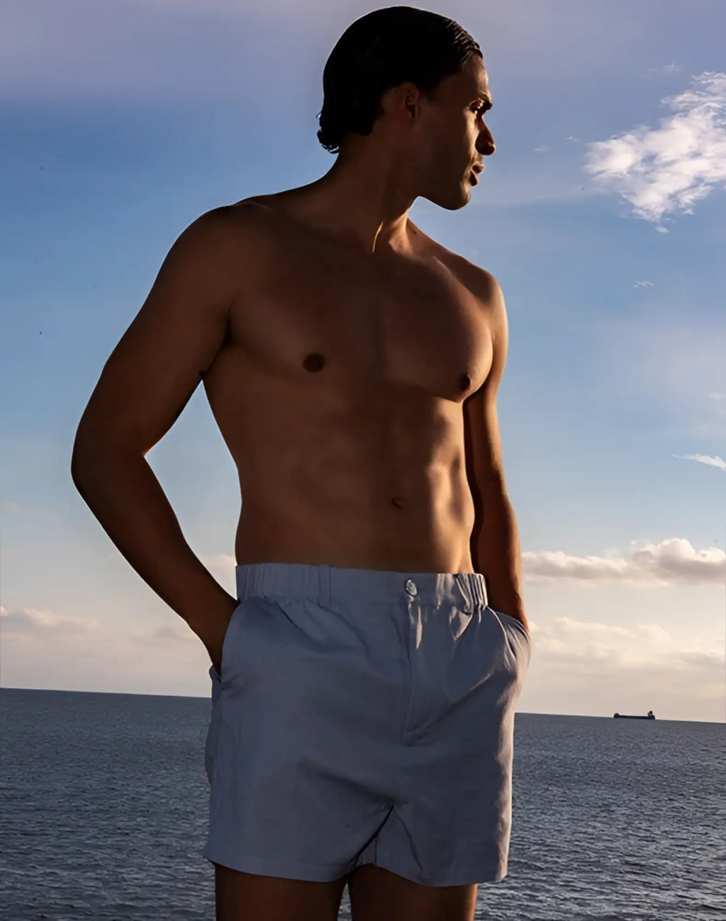 Light blue cotton 2EROS CAPRI swim trunks with drawstring waistband designed for comfortable beachwear