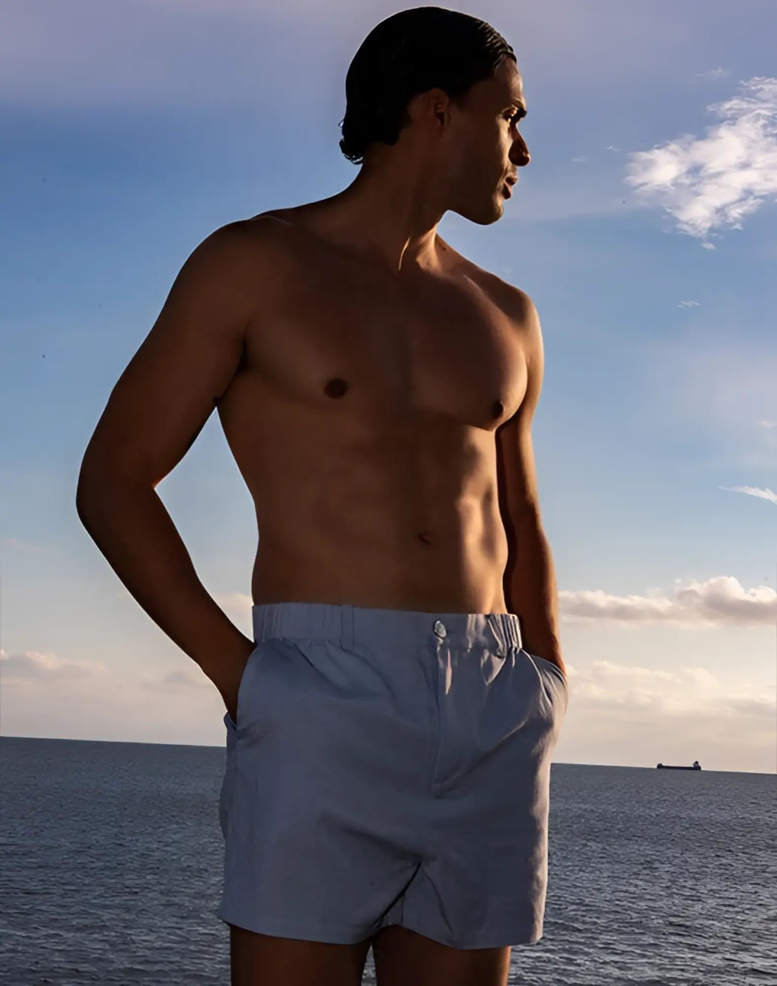 Light blue cotton 2EROS CAPRI swim trunks with drawstring waistband designed for comfortable beachwear