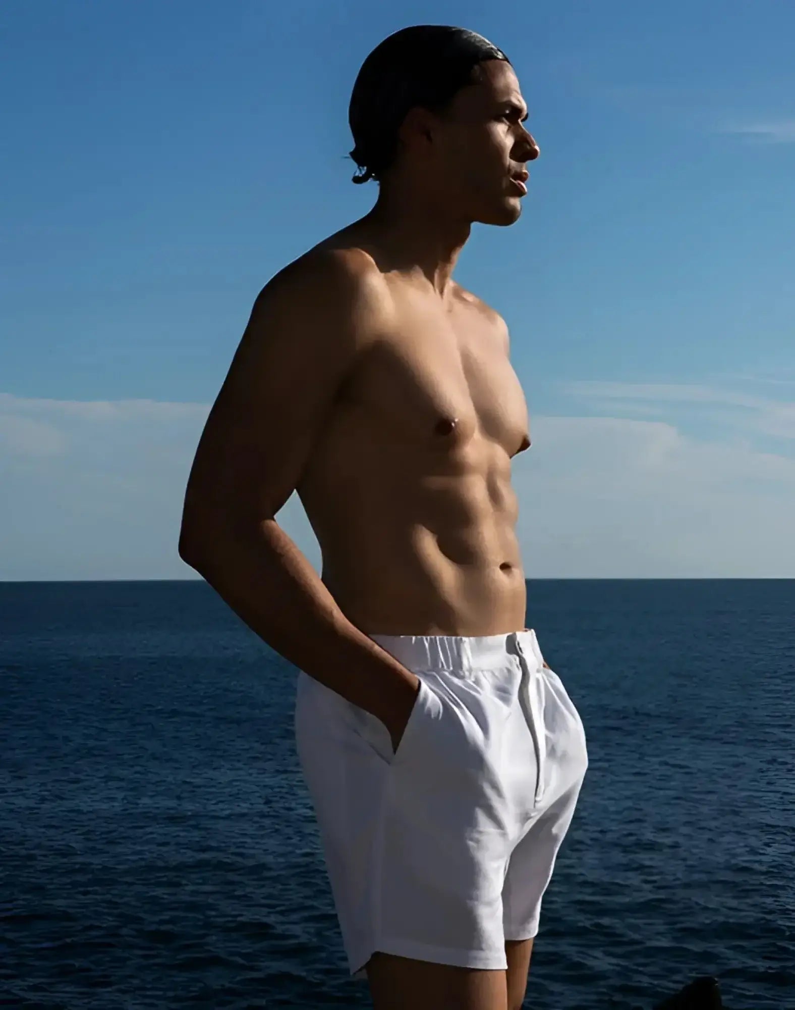 White cotton 2eros capri swim trunks with elastic waistband front view