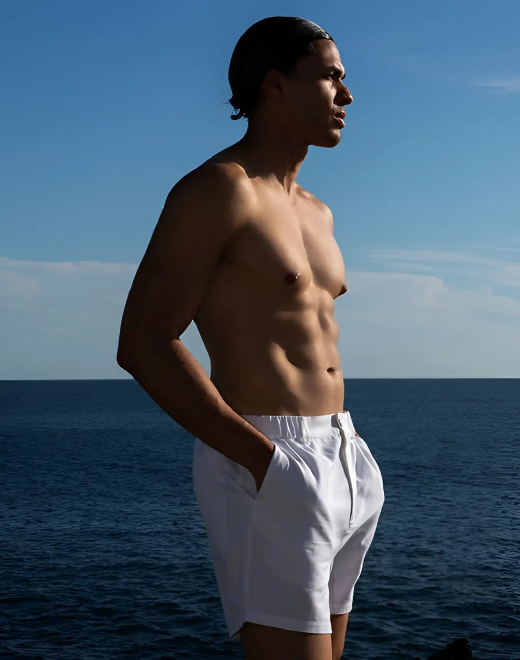 White cotton 2eros capri swim trunks with elastic waistband front view