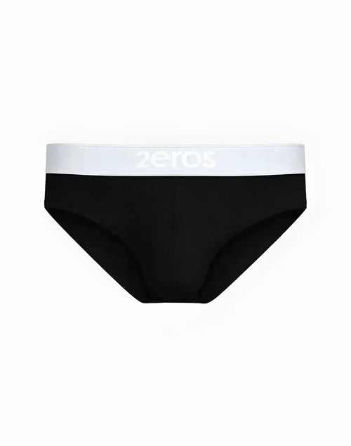 Black 2eros classic brief underwear with white waistband and zeros logo made from soft breathable fabric