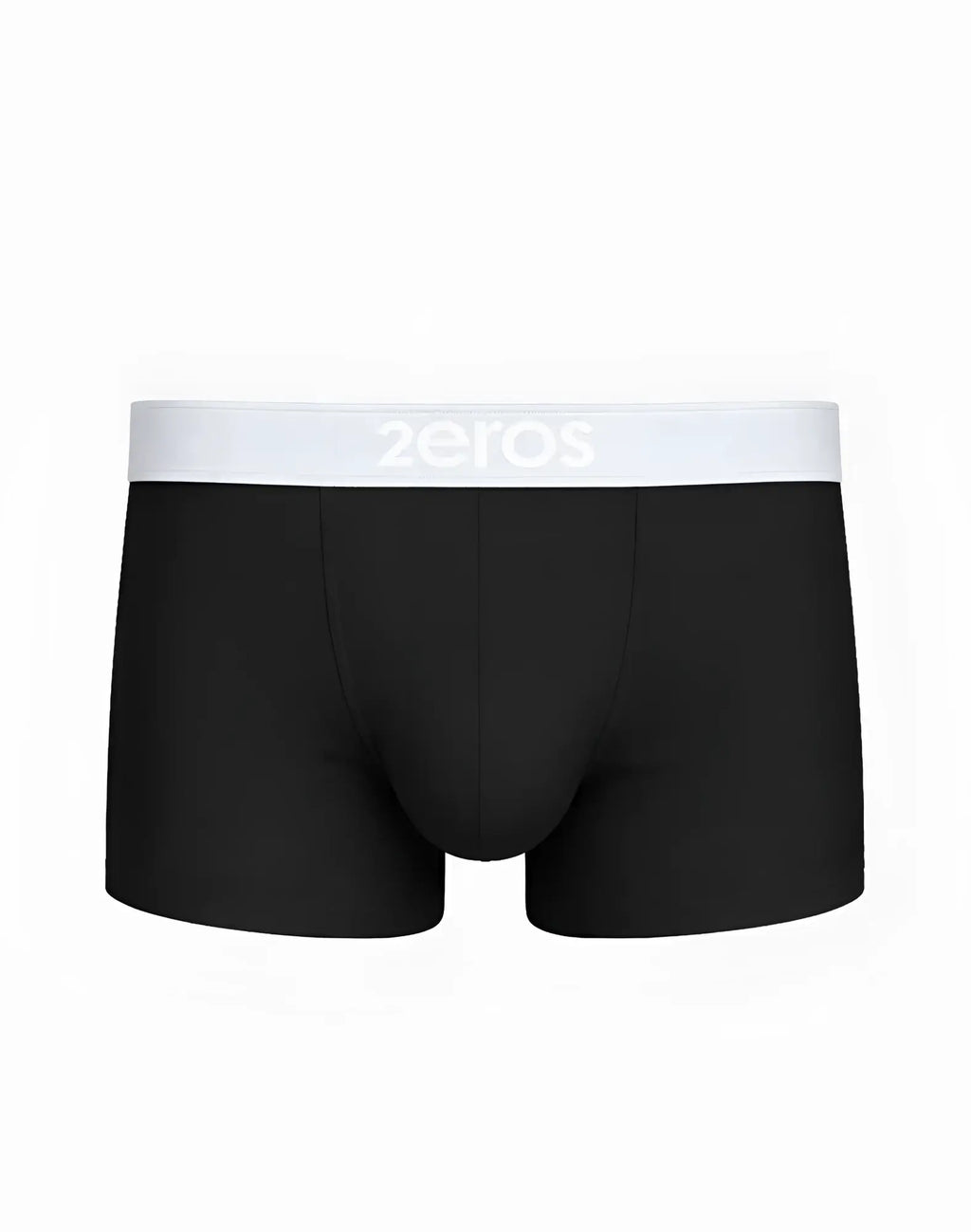 Black 2eros classic trunk underwear with white elastic waistband featuring zeros brand logo in front view