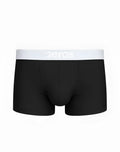 Black 2eros classic trunk underwear with white elastic waistband featuring zeros brand logo in front view