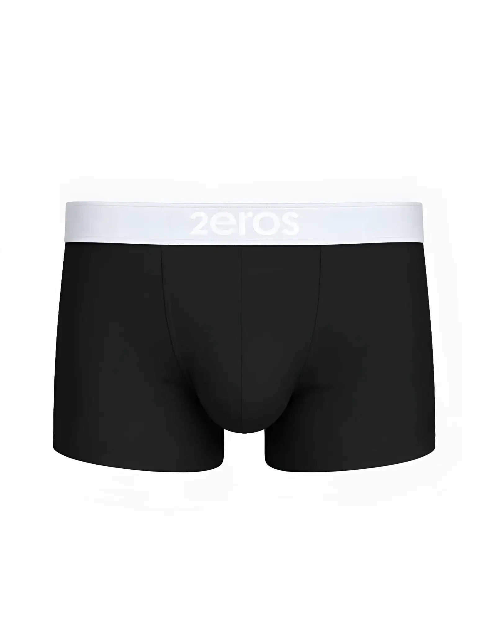 Black 2eros classic trunk underwear with white elastic waistband featuring zeros brand logo in front view
