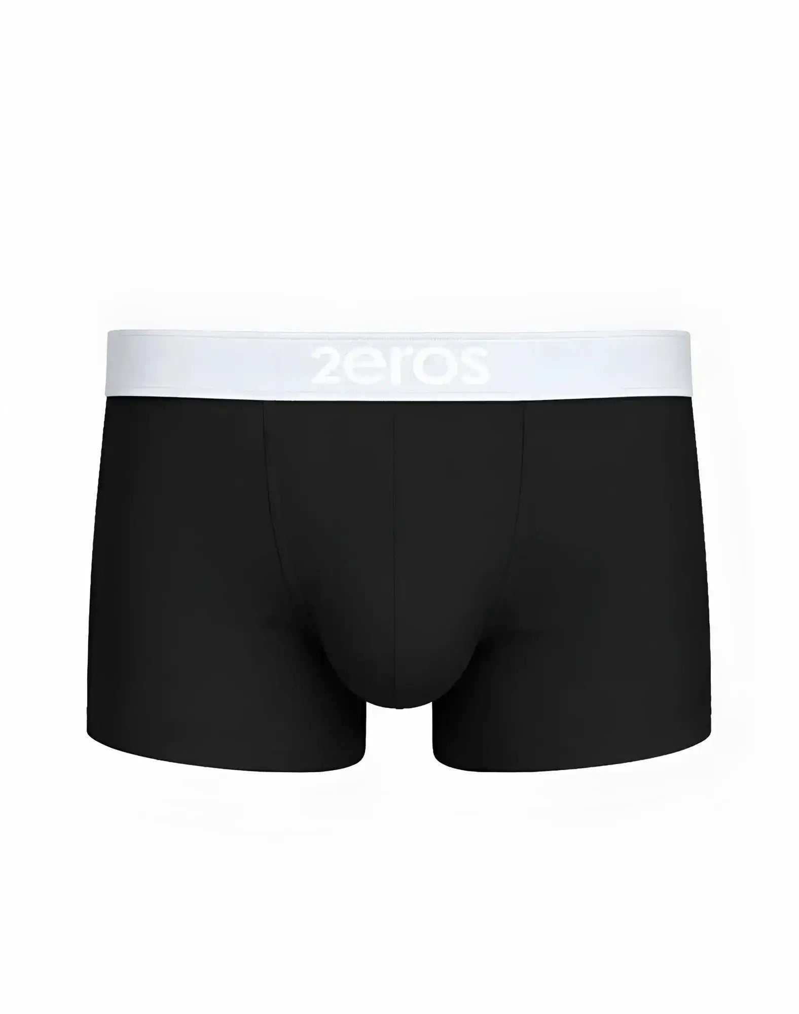 Black 2eros classic trunk underwear with white elastic waistband featuring zeros brand logo in front view