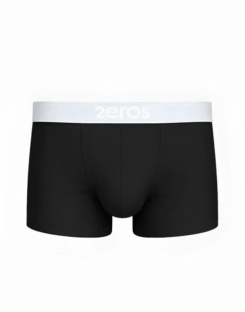 Black 2eros classic trunk underwear with white elastic waistband featuring zeros brand logo in front view