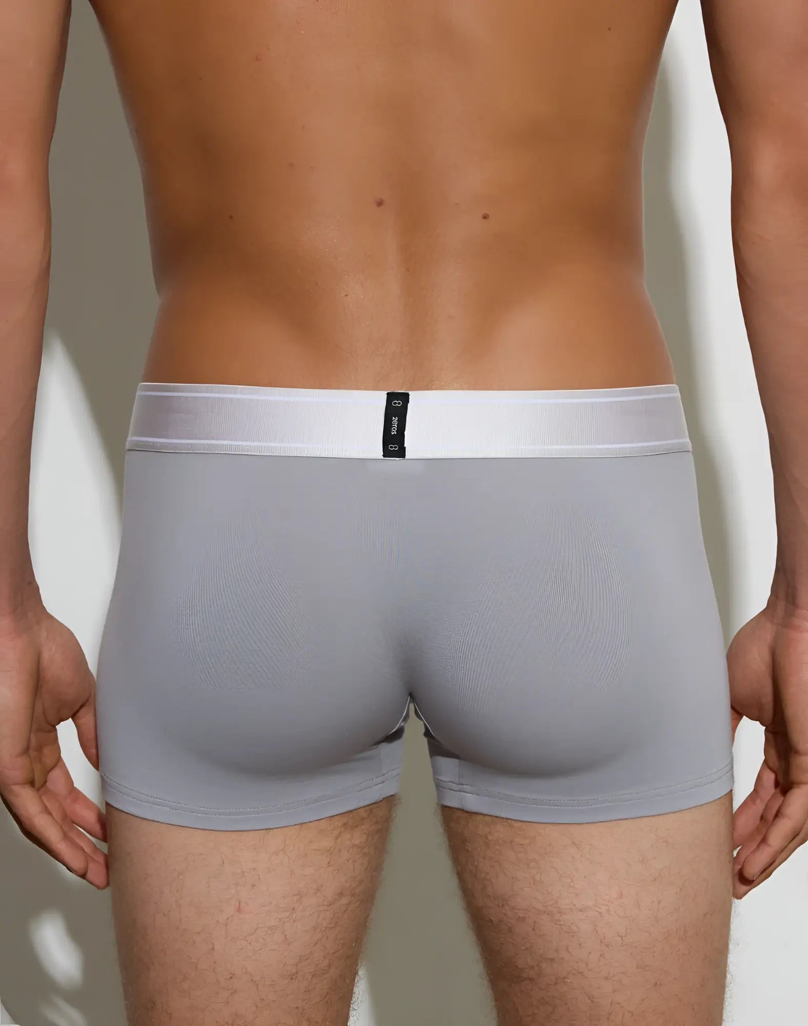 Gray men’s boxer briefs with white elastic waistband and black brand tag from 2eros classic trunk underwear