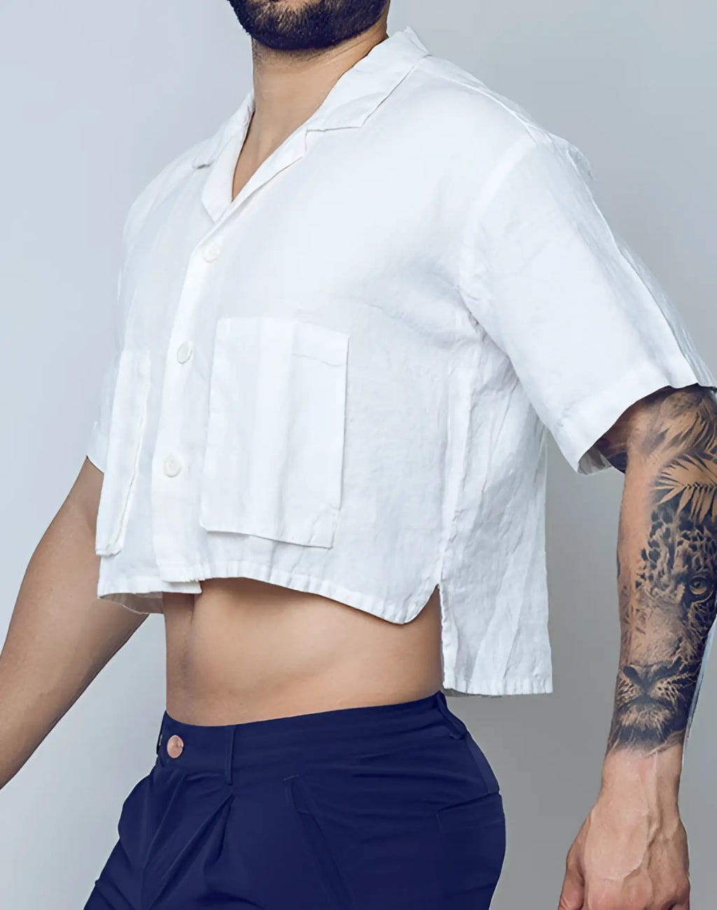 White 2EROS cropped short-sleeved linen shirt with button-front and patch pockets for casual wear
