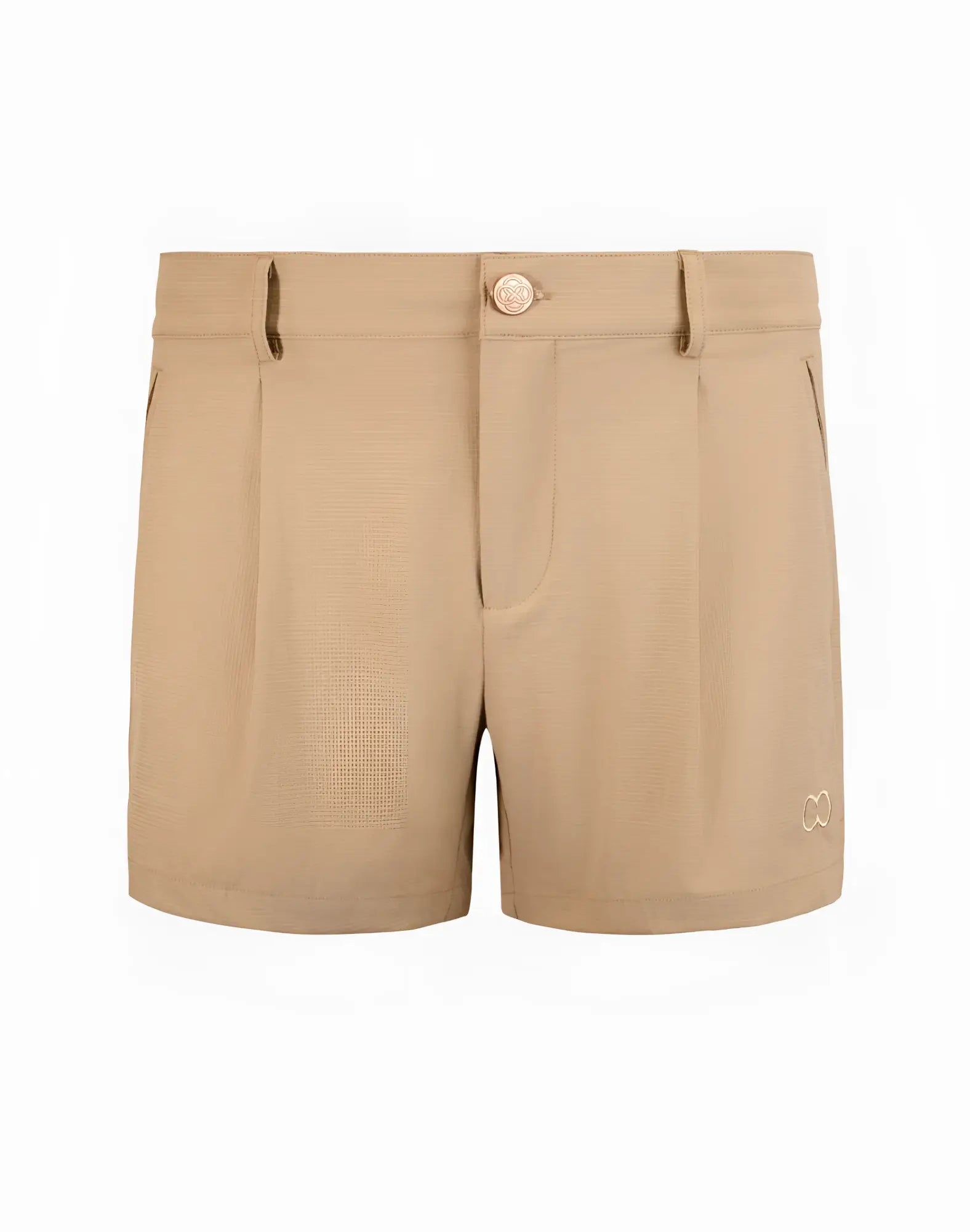 Beige 2EROS Hamilton pleated shorts with gold-toned button and subtle embroidered logo on lower right leg