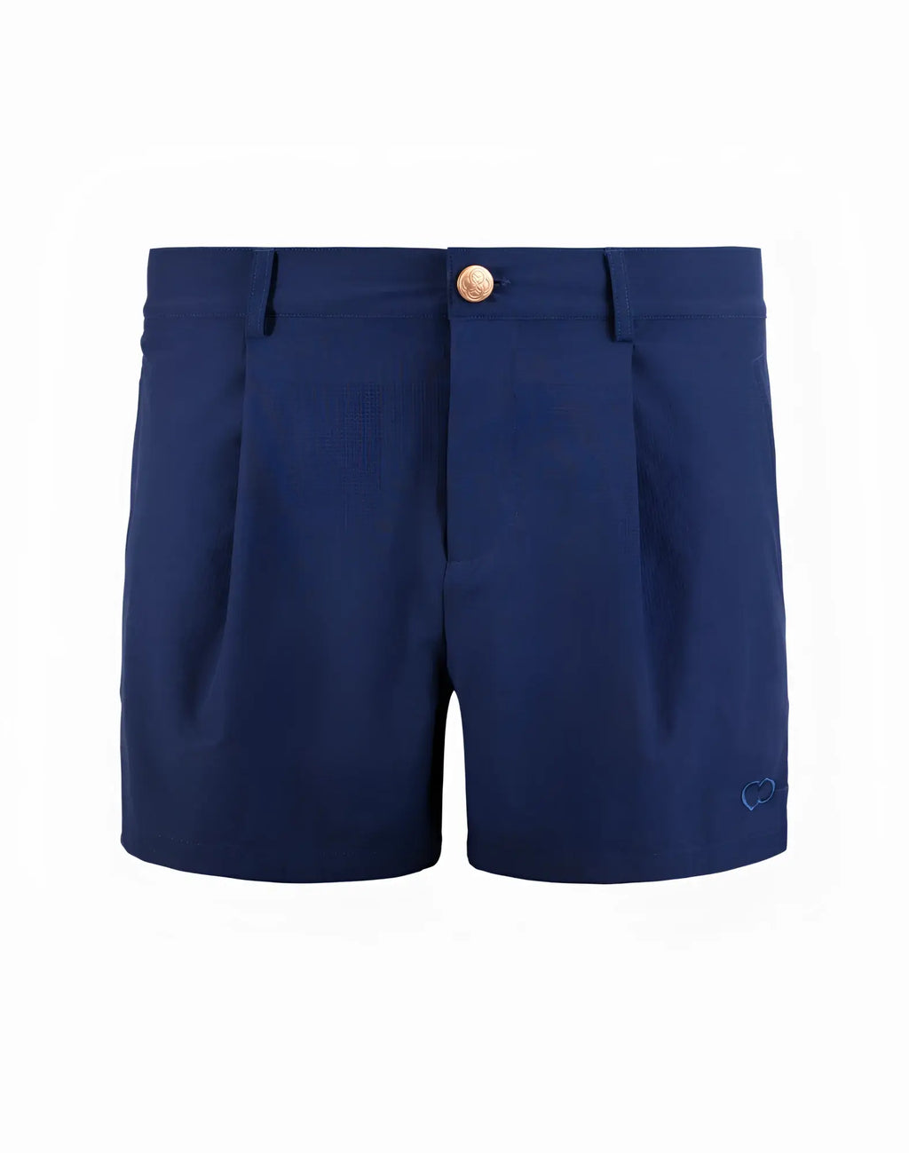 Navy blue 2EROS Hamilton pleated shorts with gold toned button and subtle embroidered logo on right leg