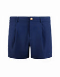 Navy blue 2EROS Hamilton pleated shorts with gold toned button and subtle embroidered logo on right leg