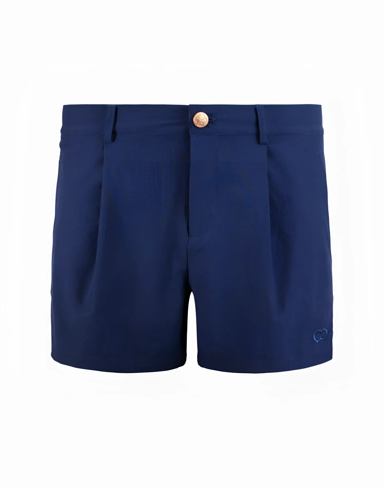 Navy blue 2EROS Hamilton pleated shorts with gold toned button and subtle embroidered logo on right leg