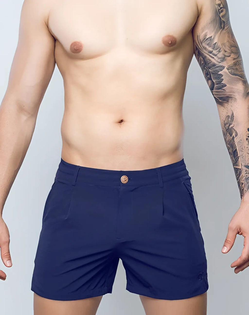 Navy blue 2EROS Hamilton shorts with textured woven fabric and small brand logo on lower right leg front side