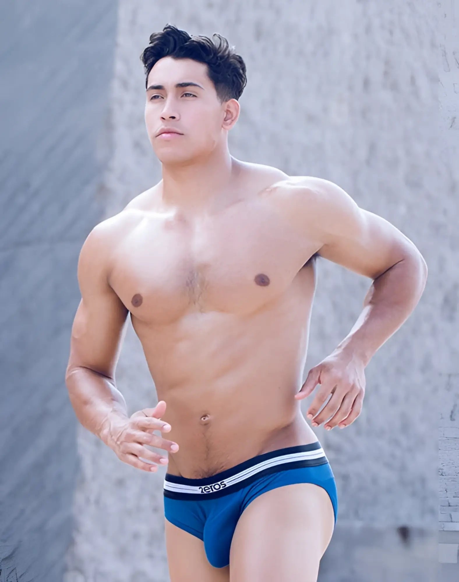Blue 2eros helios aktiv brief underwear with black and white striped waistband featuring 1ctos logo