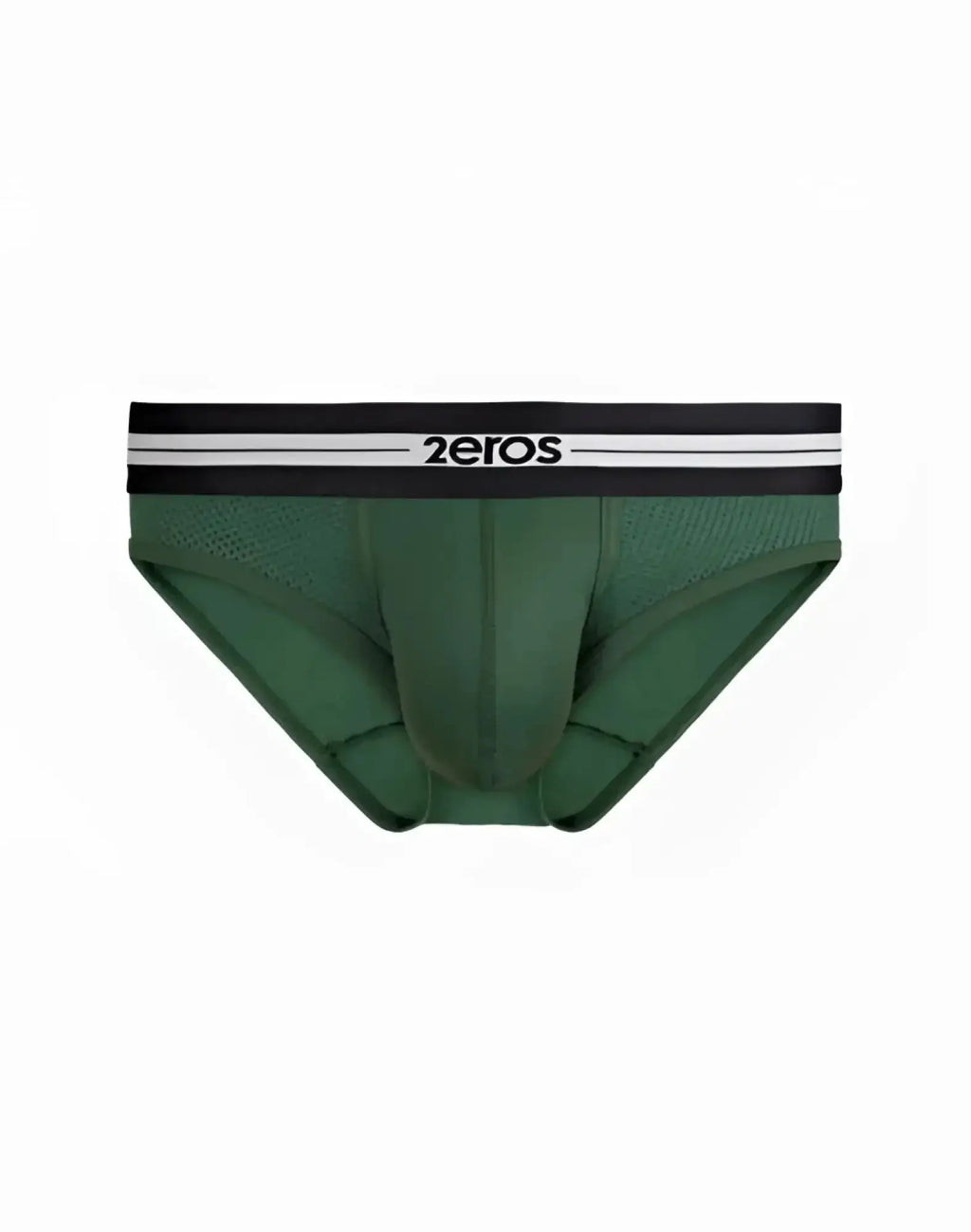 Dark green mesh 2eros helios aktiv brief underwear with black waistband and white stripes in hunter green color
