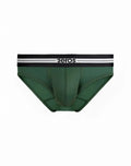 Dark green mesh 2eros helios aktiv brief underwear with black waistband and white stripes in hunter green color