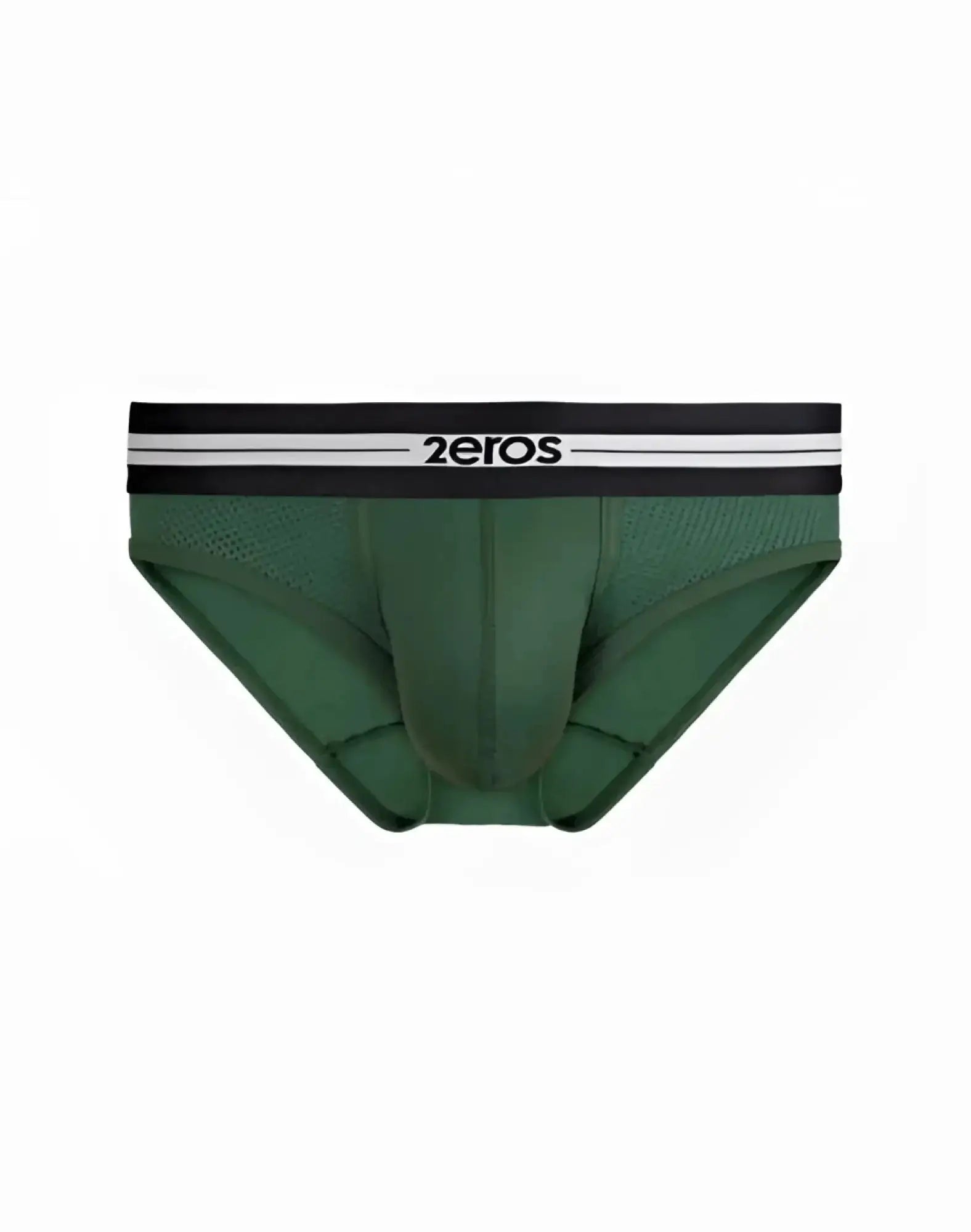 Dark green mesh 2eros helios aktiv brief underwear with black waistband and white stripes in hunter green color