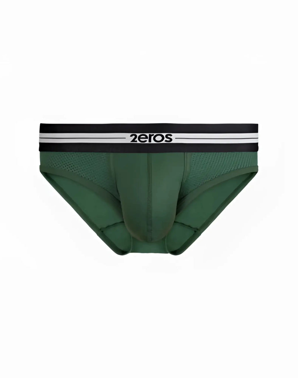 Dark green mesh 2eros helios aktiv brief underwear with black waistband and white stripes in hunter green color