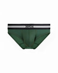 Dark green mesh 2eros helios aktiv brief underwear with black waistband and white stripes in hunter green color