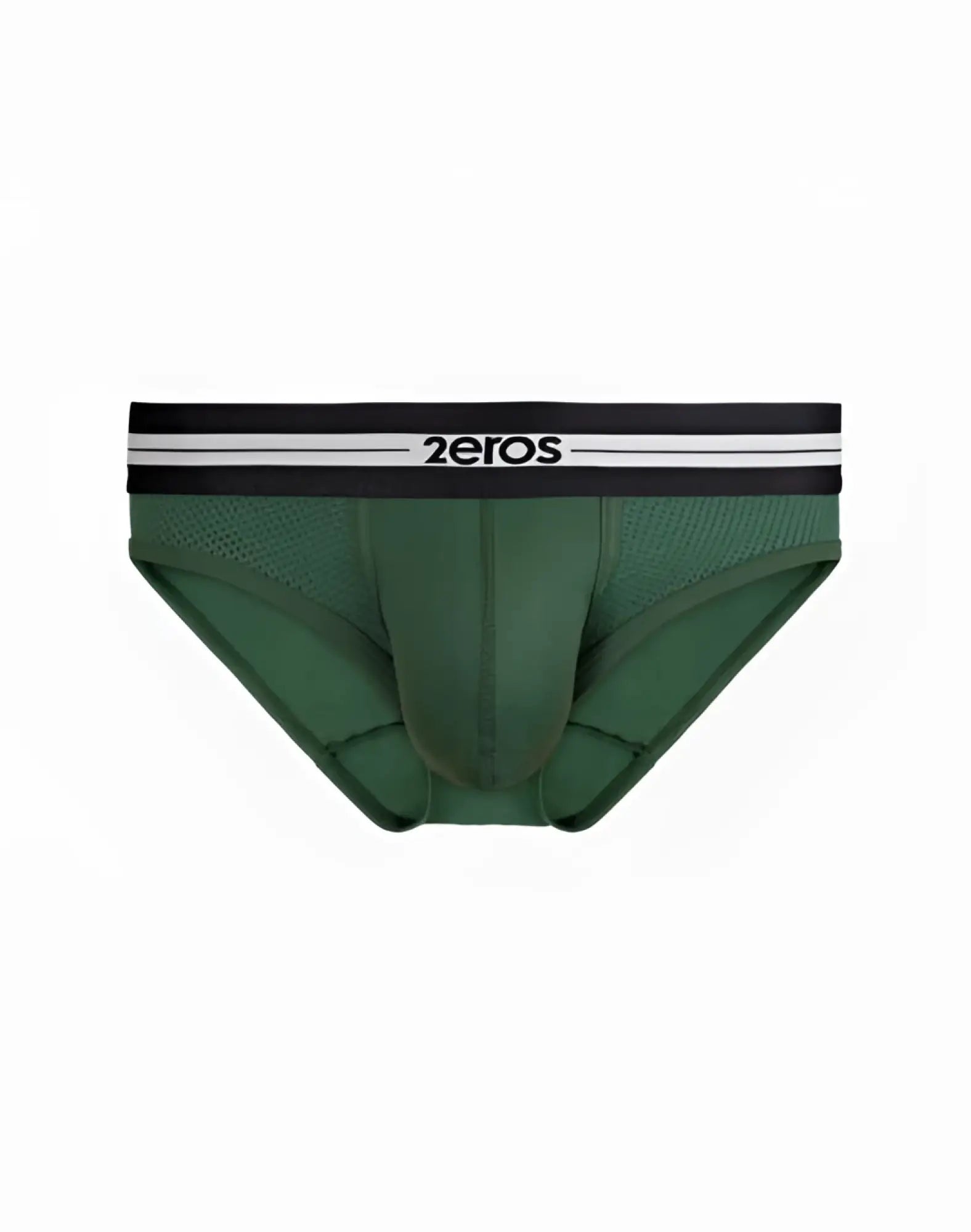 Dark green mesh 2eros helios aktiv brief underwear with black waistband and white stripes in hunter green color