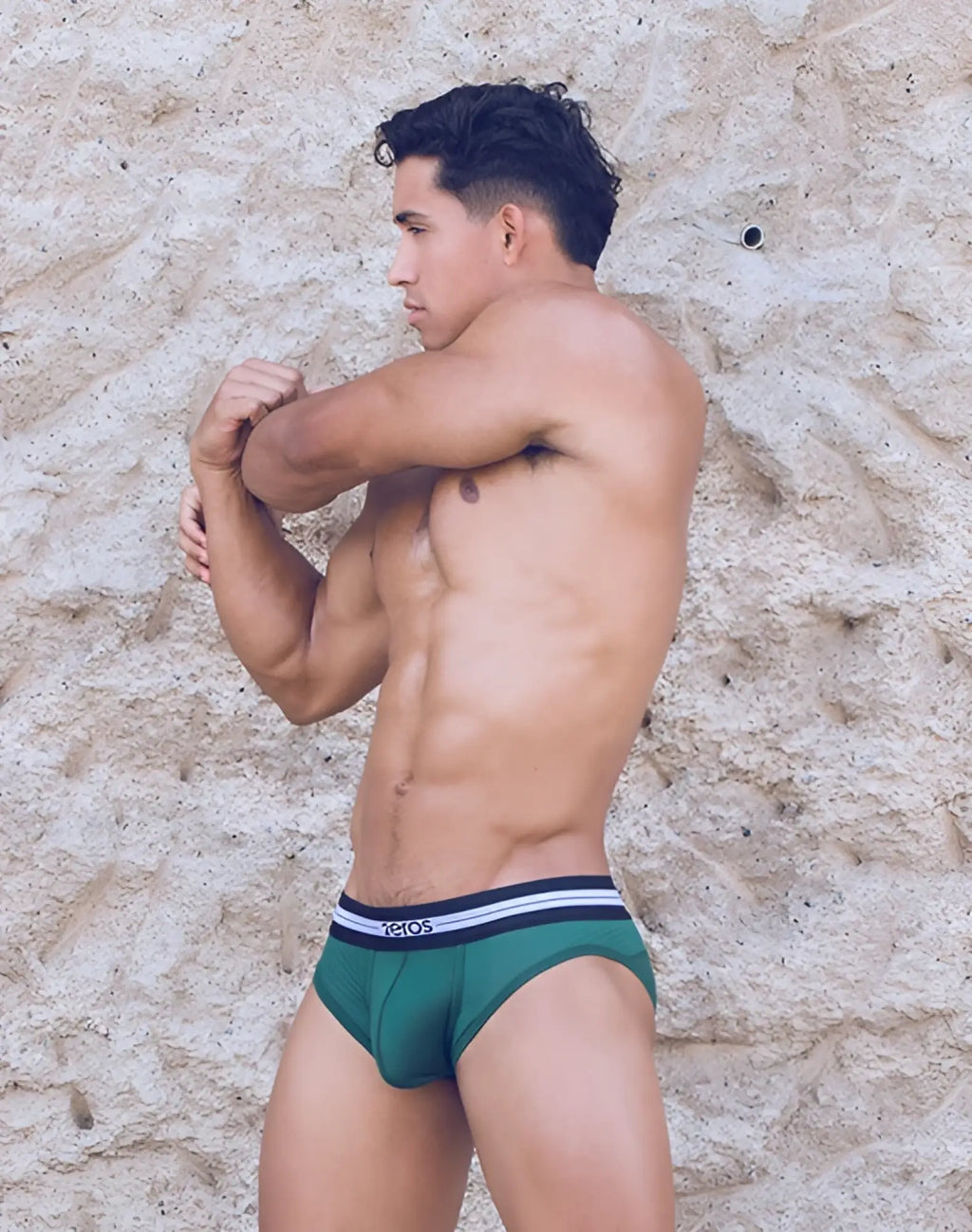 Green mesh 2eros Helios AKTIV brief underwear with black and white striped waistband featuring teros branding