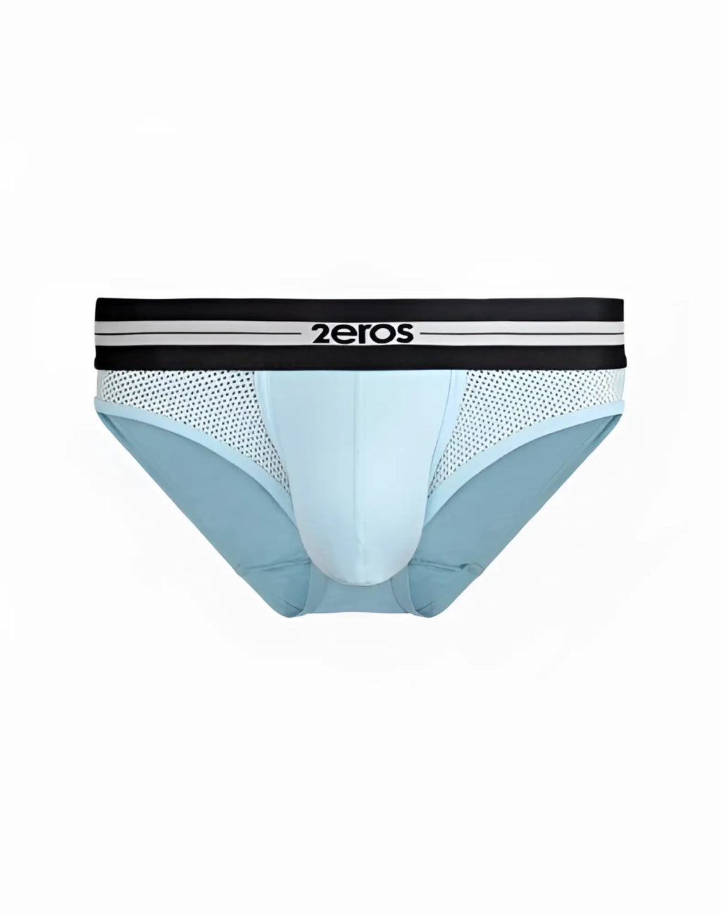 Light blue mesh 2eros helios aktiv brief underwear with black waistband and zeros brand name in white
