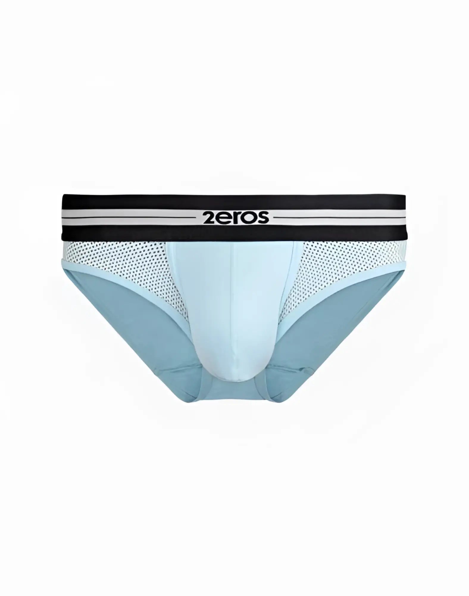 Light blue mesh 2eros helios aktiv brief underwear with black waistband and zeros brand name in white
