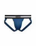 Blue 2EROS Helios AKTIV jockstrap underwear with black waistband white stripes and 2eros brand name visible front side