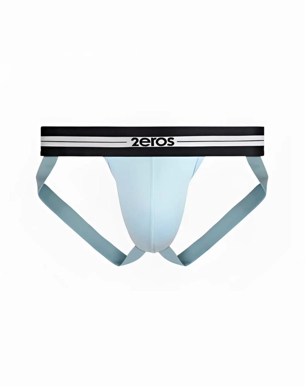 Light blue 2EROS Helios AKTIV jockstrap underwear with black waistband and white stripes in Tanager Turquoise color