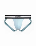 Light blue 2EROS Helios AKTIV jockstrap underwear with black waistband and white stripes in Tanager Turquoise color