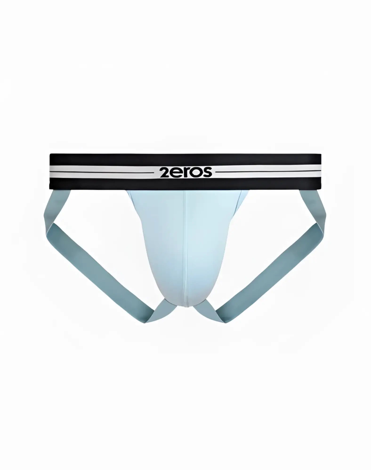 Light blue 2EROS Helios AKTIV jockstrap underwear with black waistband and white stripes in Tanager Turquoise color
