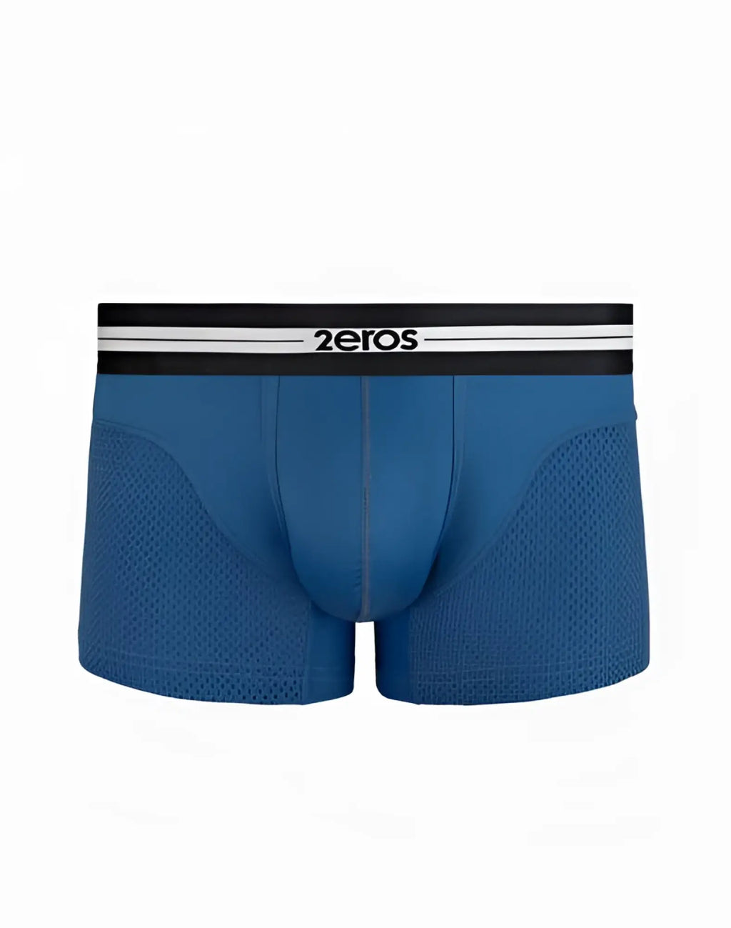 Blue mesh 2eros Helios AKTIV trunk underwear with black and white striped waistband for active wear in dark blue