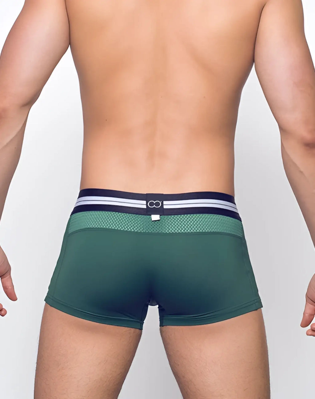 Dark green 2eros helios aktiv trunk underwear with mesh panel and striped navy white and black waistband