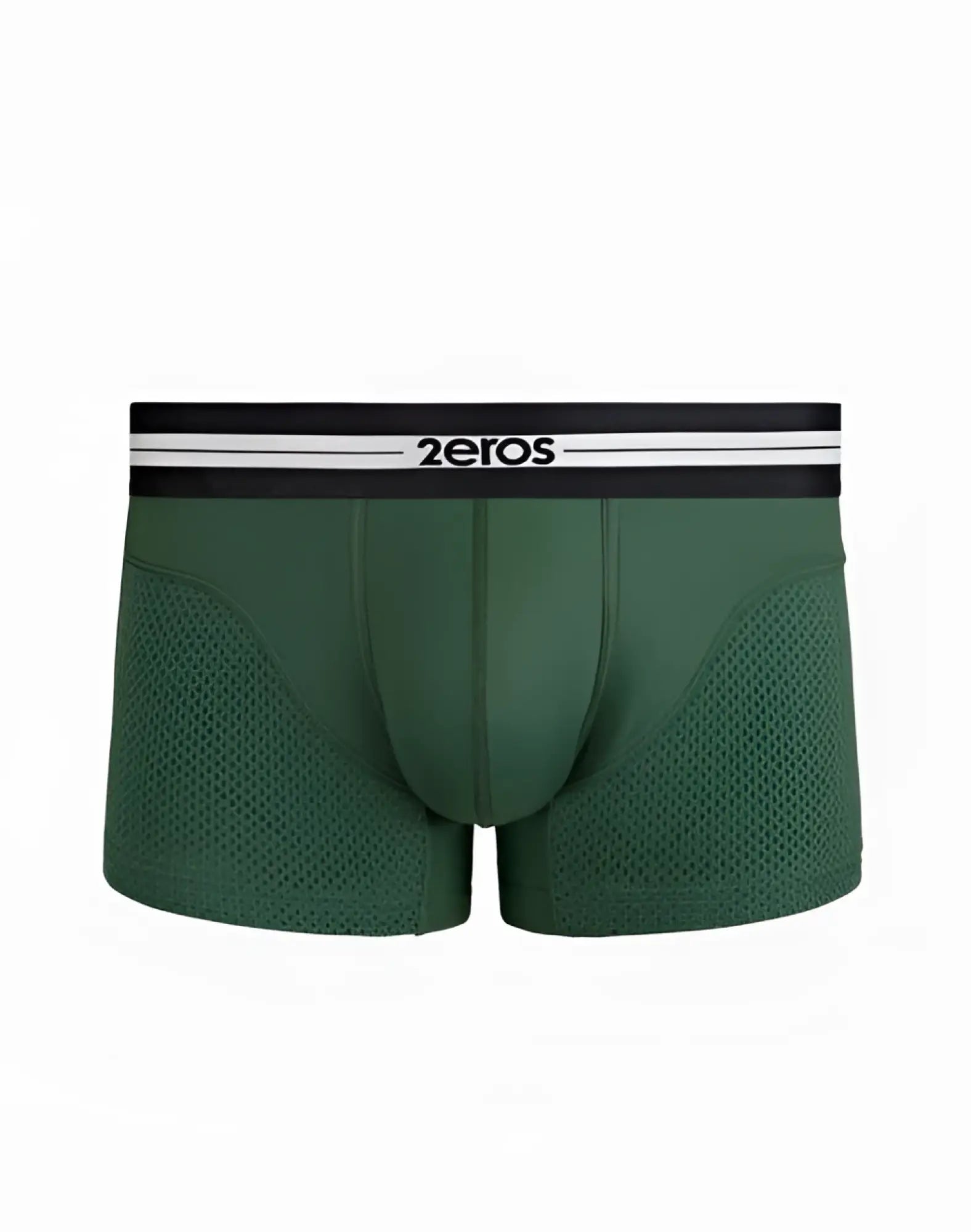 Dark green mesh 2eros helios aktiv trunk underwear with black waistband and white stripes for active wear