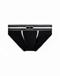 Black 2EROS Heracles brief underwear featuring a silver elastic waistband with infinity symbol and white side seams