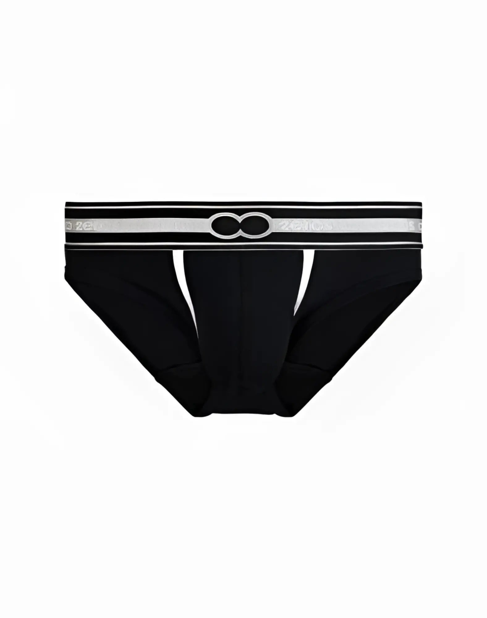 Black 2EROS Heracles brief underwear featuring a silver elastic waistband with infinity symbol and white side seams