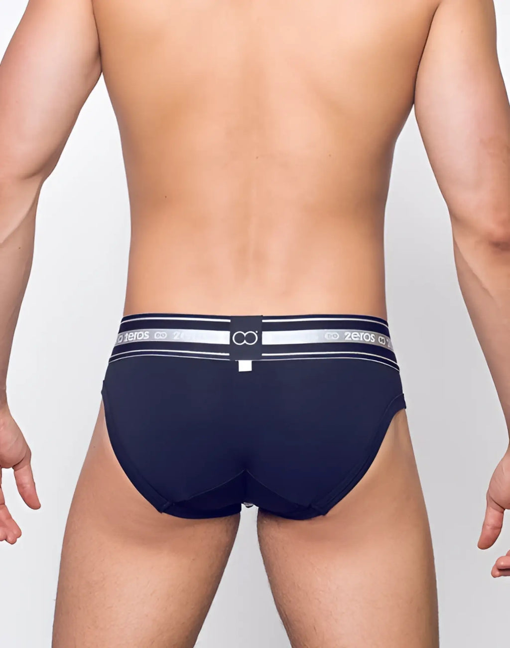 Navy blue 2eros heracles brief underwear with white and gray striped waistband featuring zeros brand logo