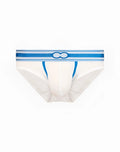 White 2eros heracles brief underwear with blue elastic waistband featuring zeros logo and interlocking circles design