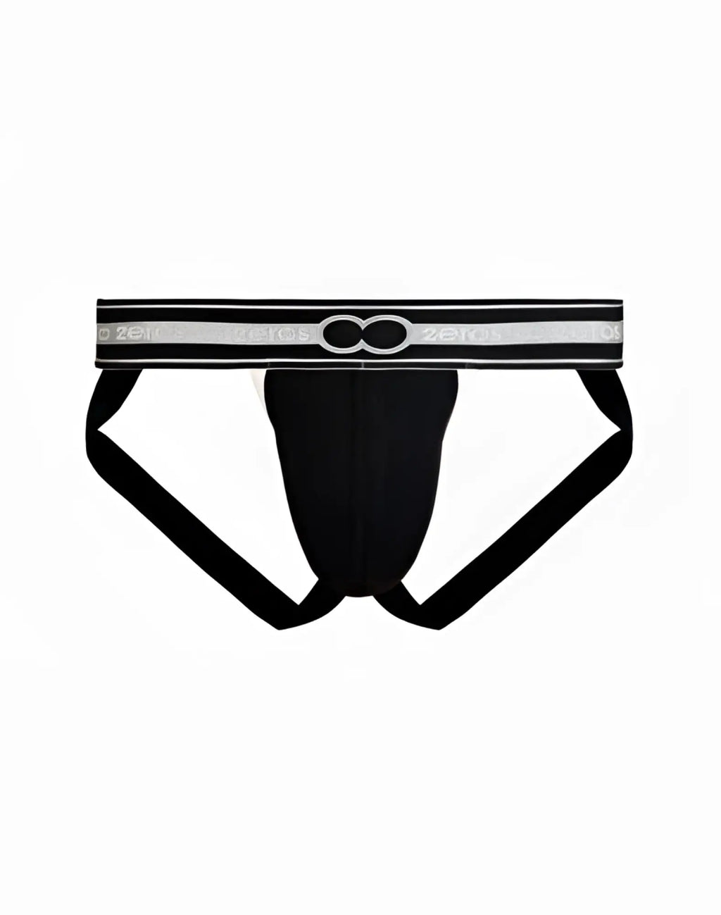 Black 2eros heracles jockstrap underwear with silver and black waistband featuring zero logo, front view