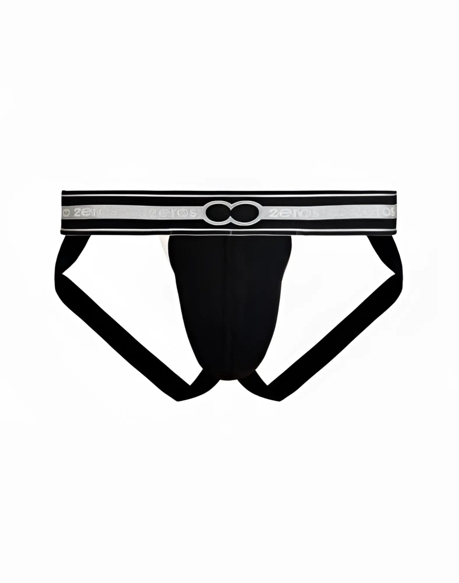Black 2eros heracles jockstrap underwear with silver and black waistband featuring zero logo, front view