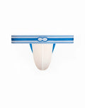 White and blue striped 2EROS Heracles thong underwear with a central logo band for athletic use