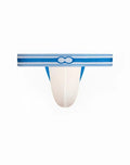 White and blue striped 2EROS Heracles thong underwear with a central logo band for athletic use