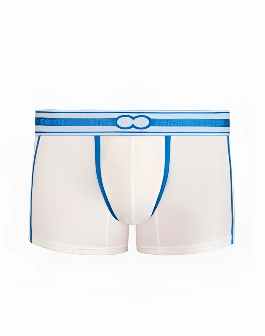 White 2EROS Heracles trunk underwear with blue trim and matching elastic waistband featuring zeros logo